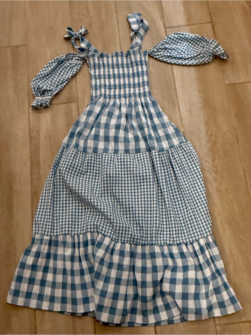 Follow Me Smocked Blue Gingham Casual Sundress with Removable Puff Sleeves
